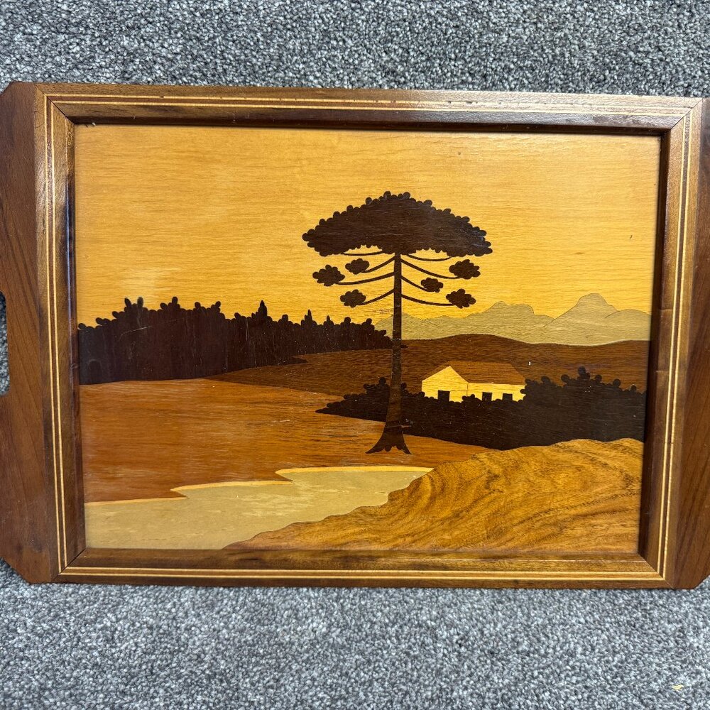 Vintage BONATTO Wood Art Marquetry Inlaid farm Handled Tray 21” X 13 1/4” Brazil